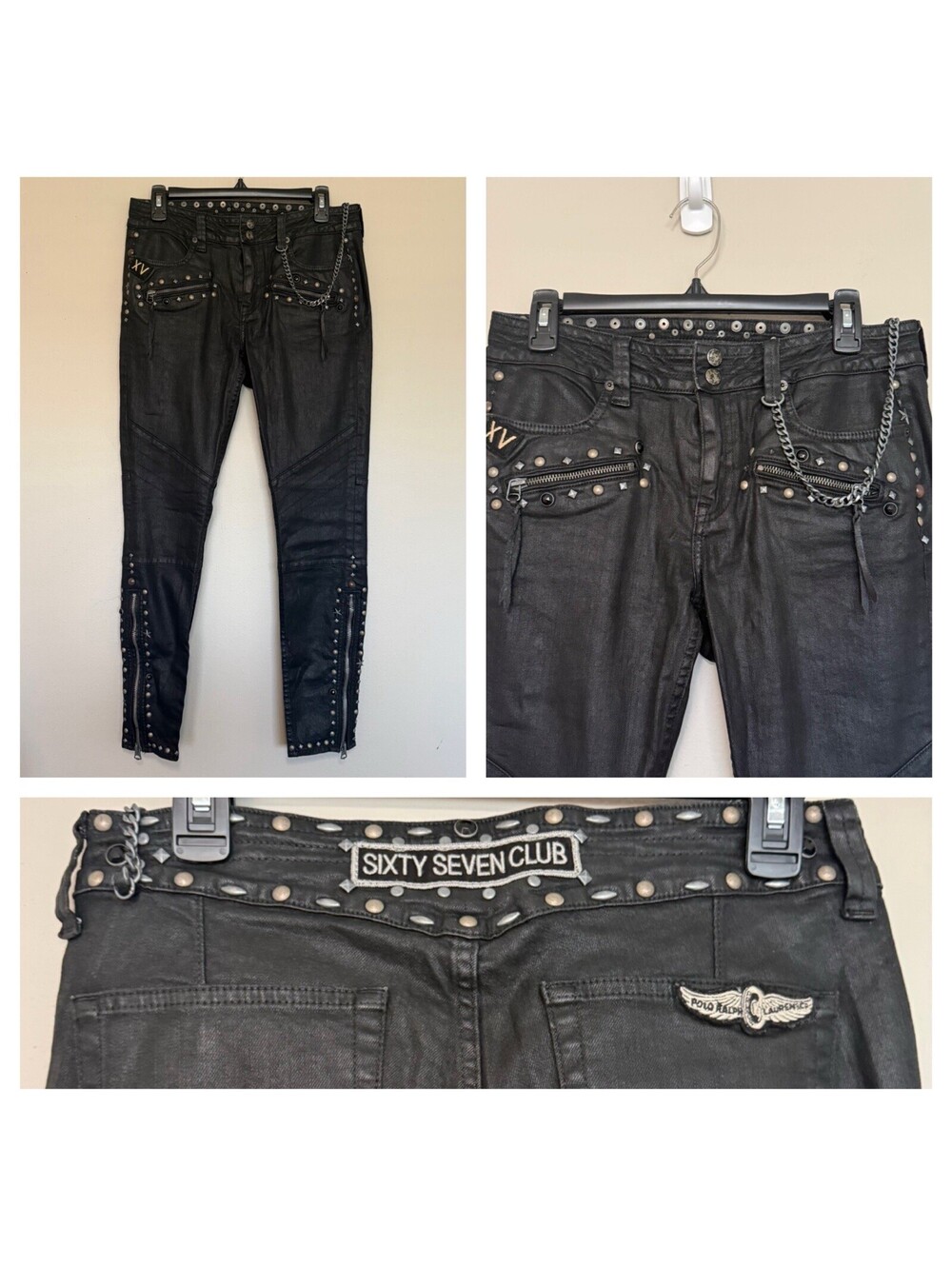 Vintage Polo Ralph Lauren Sixty Seven Club Studded Biker Moto Black Jeans Sz 30